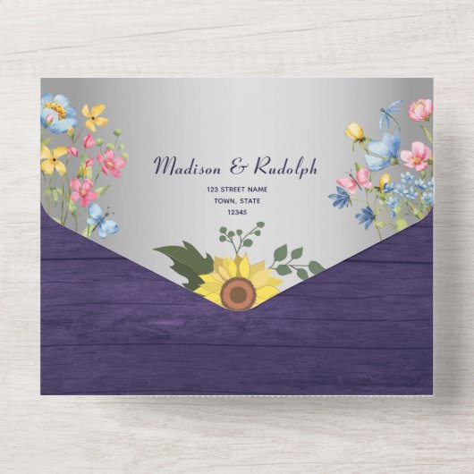 Invitation Tout En Un Mariage de tournesol rustique violet (Verso)