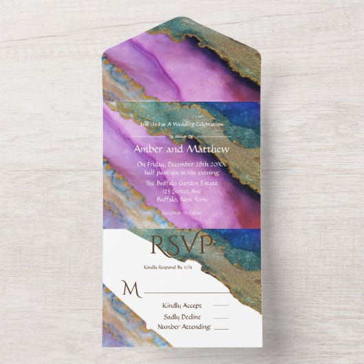 Invitation Tout En Un Mariage d'encre d'alcool bleu violet vert (À l'intérieur)