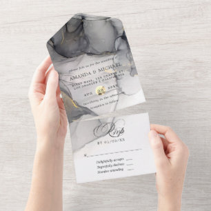 Invitation Tout En Un Mariage d'encre d'alcool noir et or