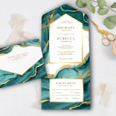 Invitation Tout En Un Mariage d'encre liquide Abstrait turquoise Gold Fo