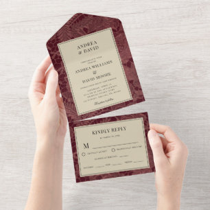 Invitation Tout En Un Mariage dentelle ivoire et Bourgogne