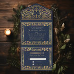 Invitation Tout En Un Mariage d'épée médiévale bleu Royal<br><div class="desc">Célébrez votre journée spéciale avec ce Mariage d'épée médiévale royale. Le design sur le dos de l'invitation n'est PAS de la vraie feuille d'or. Vous pouvez customiser plus loin en cliquant sur le bouton "PERSONNALISER".</div>