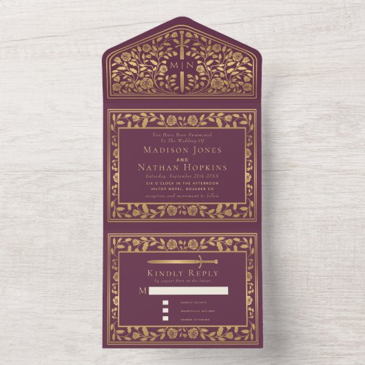 Invitation Tout En Un Mariage d'épée médiévale Mauve (À l'intérieur)