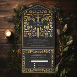 Invitation Tout En Un Mariage d'épée médiévale noire<br><div class="desc">Célébrez votre journée spéciale avec ce Mariage d'épée médiévale royale. Le design sur le dos de l'invitation n'est PAS de la vraie feuille d'or. Vous pouvez customiser plus loin en cliquant sur le bouton "PERSONNALISER".</div>