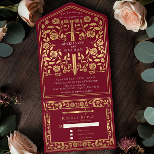 Invitation Tout En Un Mariage d'épée médiévale rouge