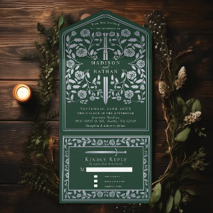 Invitation Tout En Un Mariage d'épée médiévale Silver Green Royal