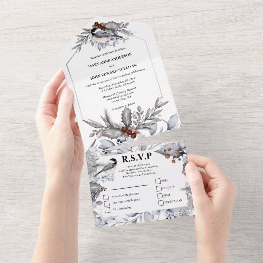 Invitation Tout En Un Mariage des oiseaux de forêt brune grise et touffu (Déchirure)