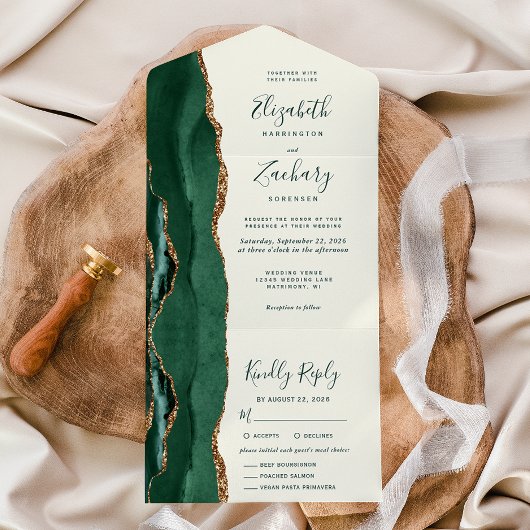 Invitation Tout En Un Mariage des options de repas Emerald Green Gold