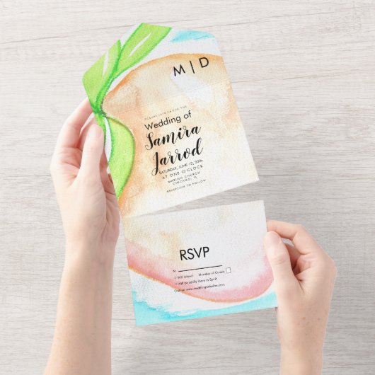 Invitation Tout En Un Mariage d'été Mango Tropical peint à la main (Déchirure)