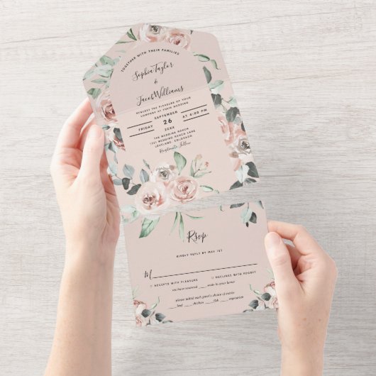 Invitation Tout En Un Mariage d'Eucalyptus rose pâle avec RSVP (Déchirure)
