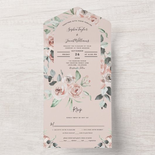 Invitation Tout En Un Mariage d'Eucalyptus rose pâle avec RSVP (À l'intérieur)