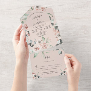 Invitation Tout En Un Mariage d'Eucalyptus rose pâle avec RSVP
