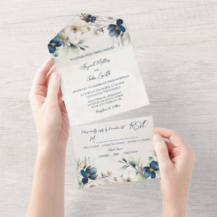 Invitation Tout En Un Mariage d'hiver élégant aux fleurs bleues