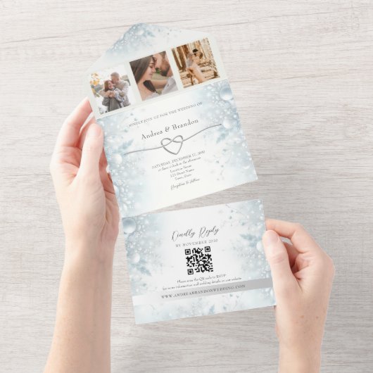 Invitation Tout En Un Mariage d'hiver élégant en argent (Déchirure)