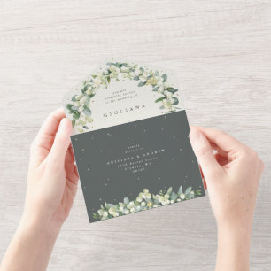 Invitation Tout En Un Mariage d'hiver Eucalyptus et Sneberge verte/crème