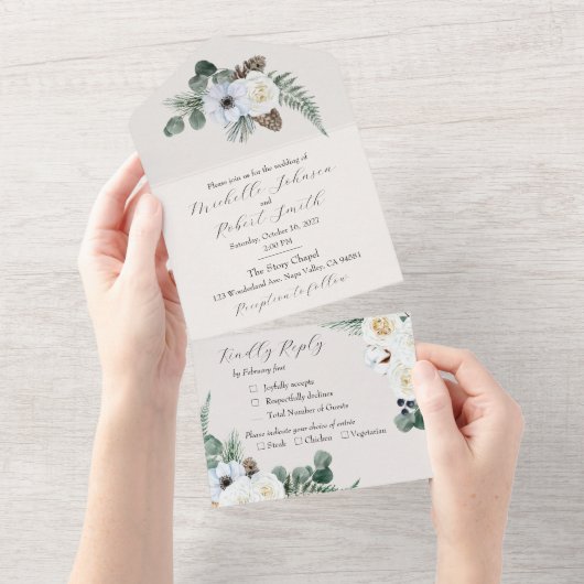Invitation Tout En Un Mariage d'hiver floral rustique (Déchirure)