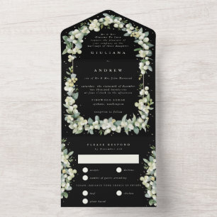 Invitation Tout En Un Mariage d'hiver Formal Black Snowberry+Eucalyptus