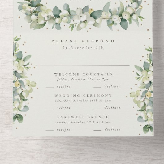 Invitation Tout En Un Mariage d'hiver Greige/Crème Snowberry+Eucalyptus (Intérieur en bas)