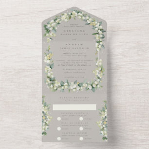 Invitation Tout En Un Mariage d'hiver Greige Snowberry+Eucalyptus