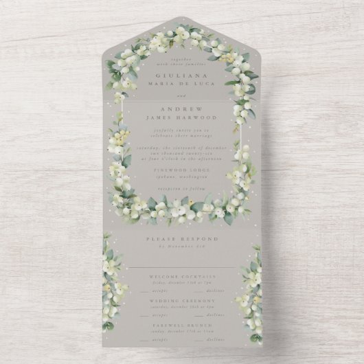 Invitation Tout En Un Mariage d'hiver Greige Snowberry+Eucalyptus (À l'intérieur)
