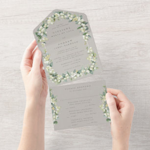 Invitation Tout En Un Mariage d'hiver Greige Snowberry+Eucalyptus
