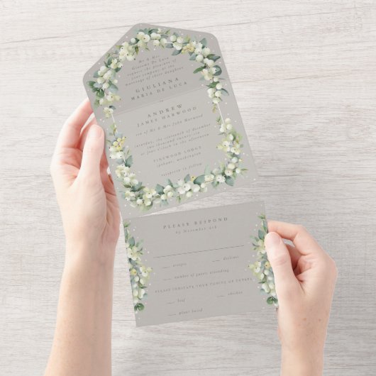 Invitation Tout En Un Mariage d'hiver Greige Snowberry+Eucalyptus (Déchirure)