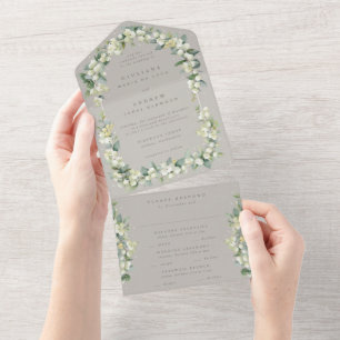 Invitation Tout En Un Mariage d'hiver Greige Snowberry+Eucalyptus