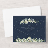 Invitation Tout En Un Mariage d'hiver Marine/Crème Snowberry+Eucalyptus (Verso)