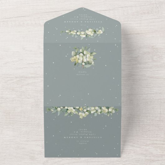 Invitation Tout En Un Mariage d'hiver Seafoam Green Snowberry+Eucalyptus (Dehors)