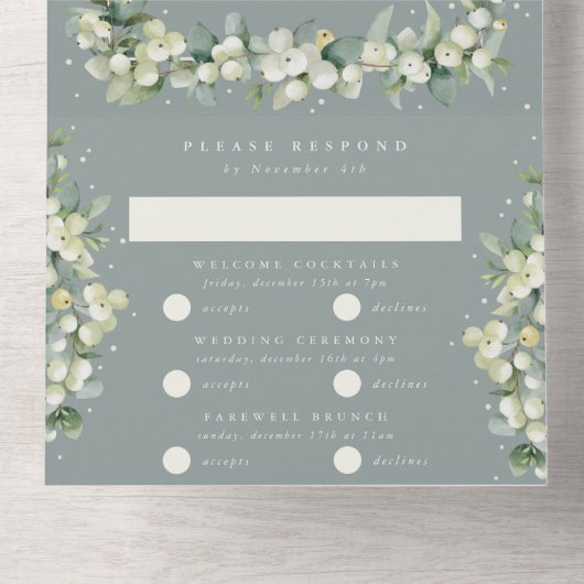 Invitation Tout En Un Mariage d'hiver Seafoam Green Snowberry+Eucalyptus (Intérieur en bas)