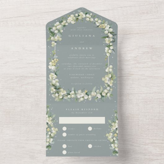Invitation Tout En Un Mariage d'hiver Seafoam Green Snowberry+Eucalyptus (À l'intérieur)