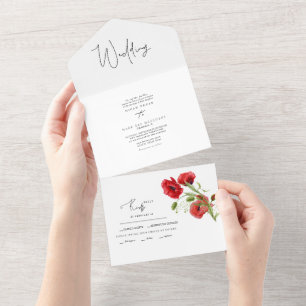 Invitation Tout En Un Mariage d'hiver simple Rouge Floral II