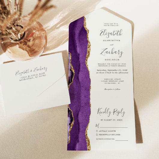 Invitation Tout En Un Mariage d'ivoire d'agate d'or violet