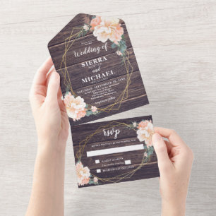 Invitation Tout En Un Mariage d'or à la crème en bois de Barnwood