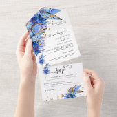 Invitation Tout En Un Mariage d'or des papillons bleus (Déchirure)