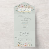 Invitation Tout En Un Mariage d'or floral vert moderne (À l'intérieur)