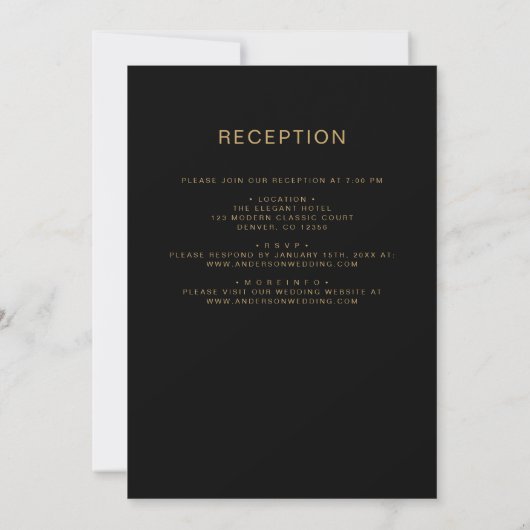 Invitation Tout en un Mariage d'or noir élégant Script (Dos)