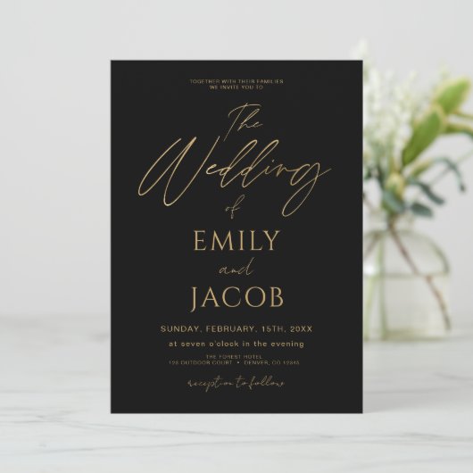 Invitation Tout en un Mariage d'or noir QR Code Script (Debout devant)