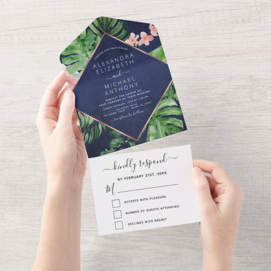 Invitation Tout En Un Mariage d'or Tropical Palm Navy Rose bleu (Déchirure)