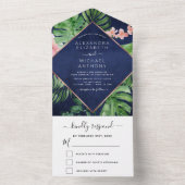 Invitation Tout En Un Mariage d'or Tropical Palm Navy Rose bleu (À l'intérieur)