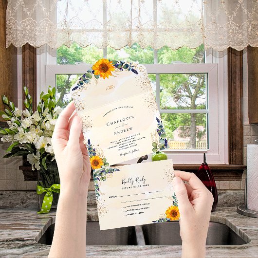 Invitation Tout En Un Mariage doré des fleurs de soleil d'Eucalyptus