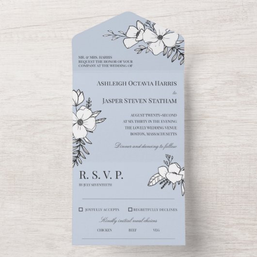 Invitation Tout En Un Mariage Dove Bleu & Blanc Joli Fleurs (À l'intérieur)