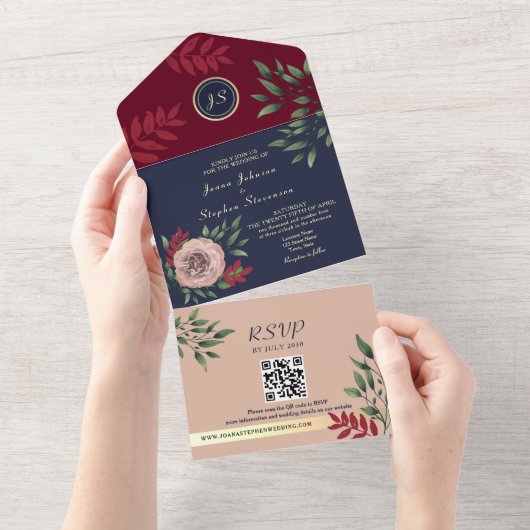 Invitation Tout En Un Mariage du code QR floral de Bourgogne (Déchirure)