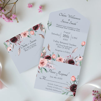 Invitation Tout En Un Mariage Dusty bleu et rose aquarelle Floral