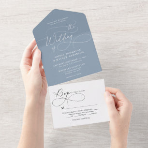 Invitation Tout En Un Mariage Dusty Blue Calligraphie Élégante avec Flou