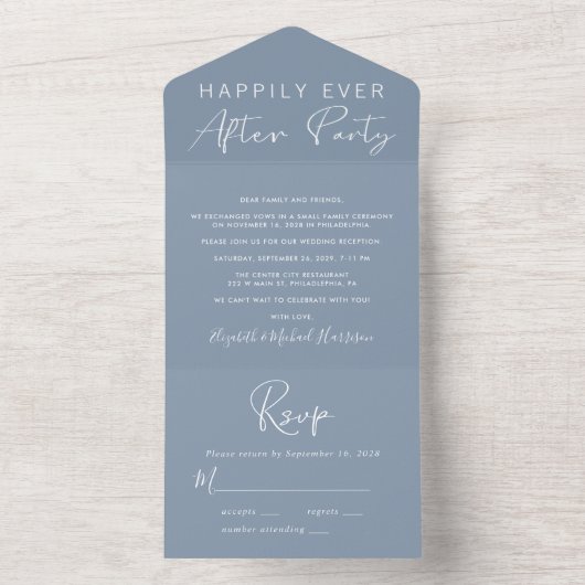 Invitation Tout En Un Mariage Dusty Blue Heureusement Jamais Après La Ré (À l'intérieur)