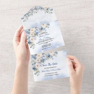 Invitation Tout En Un Mariage Dusty Blue Watercolor Fleurs d'ivoire Feui