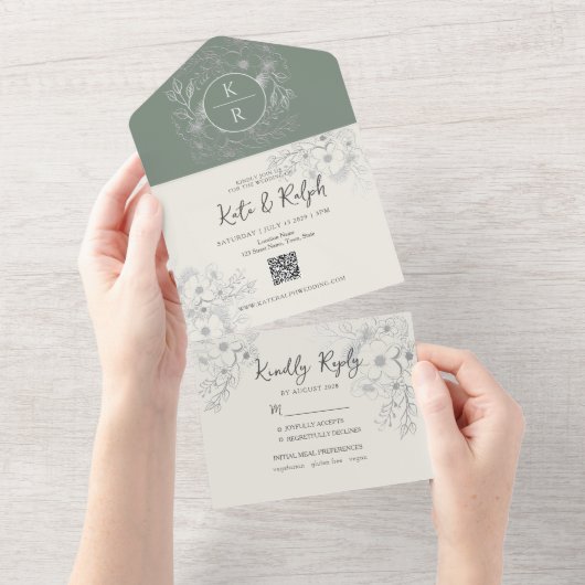 Invitation Tout En Un Mariage écologique Sage de code QR (Déchirure)