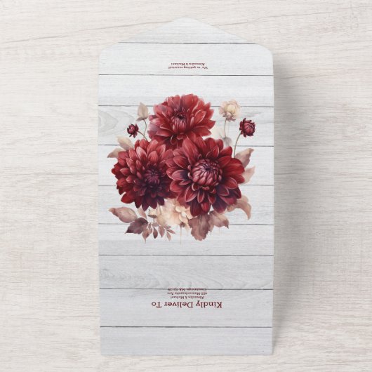 Invitation Tout En Un Mariage élégant à l'aquarelle avec dahlia bordeaux (Dehors)