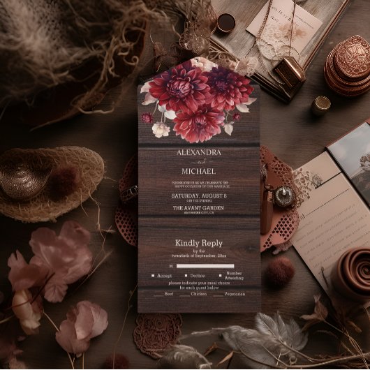 Invitation Tout En Un Mariage Élégant à l'Aquarelle avec Dahlia Bourgogn